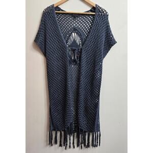 Artesia Womens Boho Crochet Duster Cover-up Size M Blue Beaded Open Knit Boho